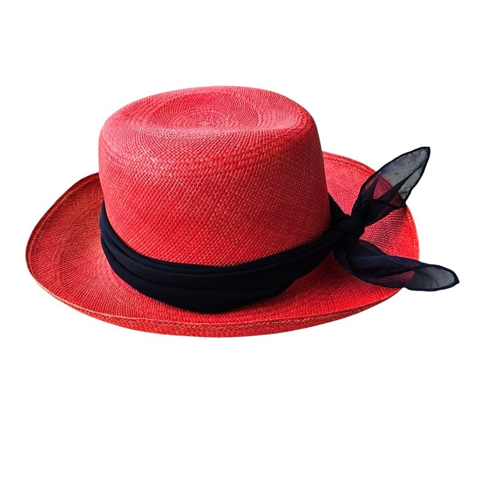 Vintage Red Straw Hat by Saks Fifth Avenue Union Label USA 22.5" Medium - Picture 7 of 16